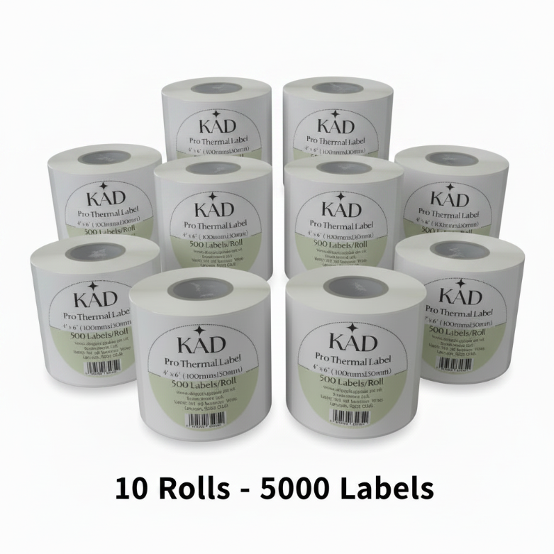 KAD Thermal Shipping Labels ( 500 Labels/ Roll ) – 4″ × 6″ / 100 × 150mm Self-Adhesive Paper, Compatible with Zebra GK420D, GX420D, GK420T & All Direct Thermal Printers