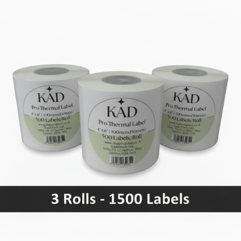 KAD Thermal Shipping Labels ( 500 Labels/ Roll ) – 4″ × 6″ / 100 × 150mm Self-Adhesive Paper, Compatible with Zebra GK420D, GX420D, GK420T & All Direct Thermal Printers