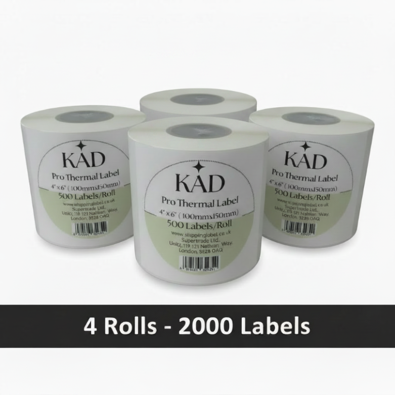 KAD Thermal Shipping Labels ( 500 Labels/ Roll ) – 4″ × 6″ / 100 × 150mm Self-Adhesive Paper, Compatible with Zebra GK420D, GX420D, GK420T & All Direct Thermal Printers