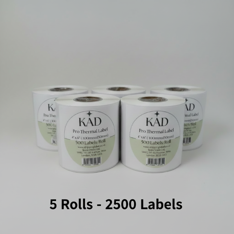 KAD Thermal Shipping Labels ( 500 Labels/ Roll ) – 4″ × 6″ / 100 × 150mm Self-Adhesive Paper, Compatible with Zebra GK420D, GX420D, GK420T & All Direct Thermal Printers
