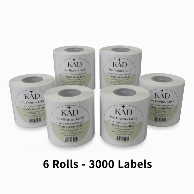 KAD Thermal Shipping Labels ( 500 Labels/ Roll ) – 4″ × 6″ / 100 × 150mm Self-Adhesive Paper, Compatible with Zebra GK420D, GX420D, GK420T & All Direct Thermal Printers