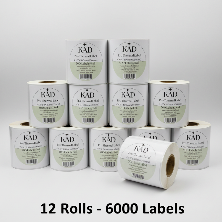 KAD Thermal Shipping Labels (500 Labels X 12 Rolls-6000 labels) – 4″ × 6″ / 100 × 150mm Self-Adhesive Paper, Compatible with Zebra GK420D, GX420D, GK420T & All Direct Thermal Printers