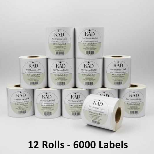 KAD Thermal Shipping Labels (500 Labels X 12 Rolls-6000 labels) – 4″ × 6″ / 100 × 150mm Self-Adhesive Paper, Compatible with Zebra GK420D, GX420D, GK420T & All Direct Thermal Printers